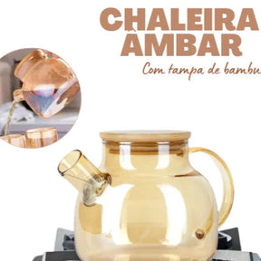 Chaleira de Vidro Âmbar Dourada com Tampa de Bambu infusor Resistente a Calor 1L